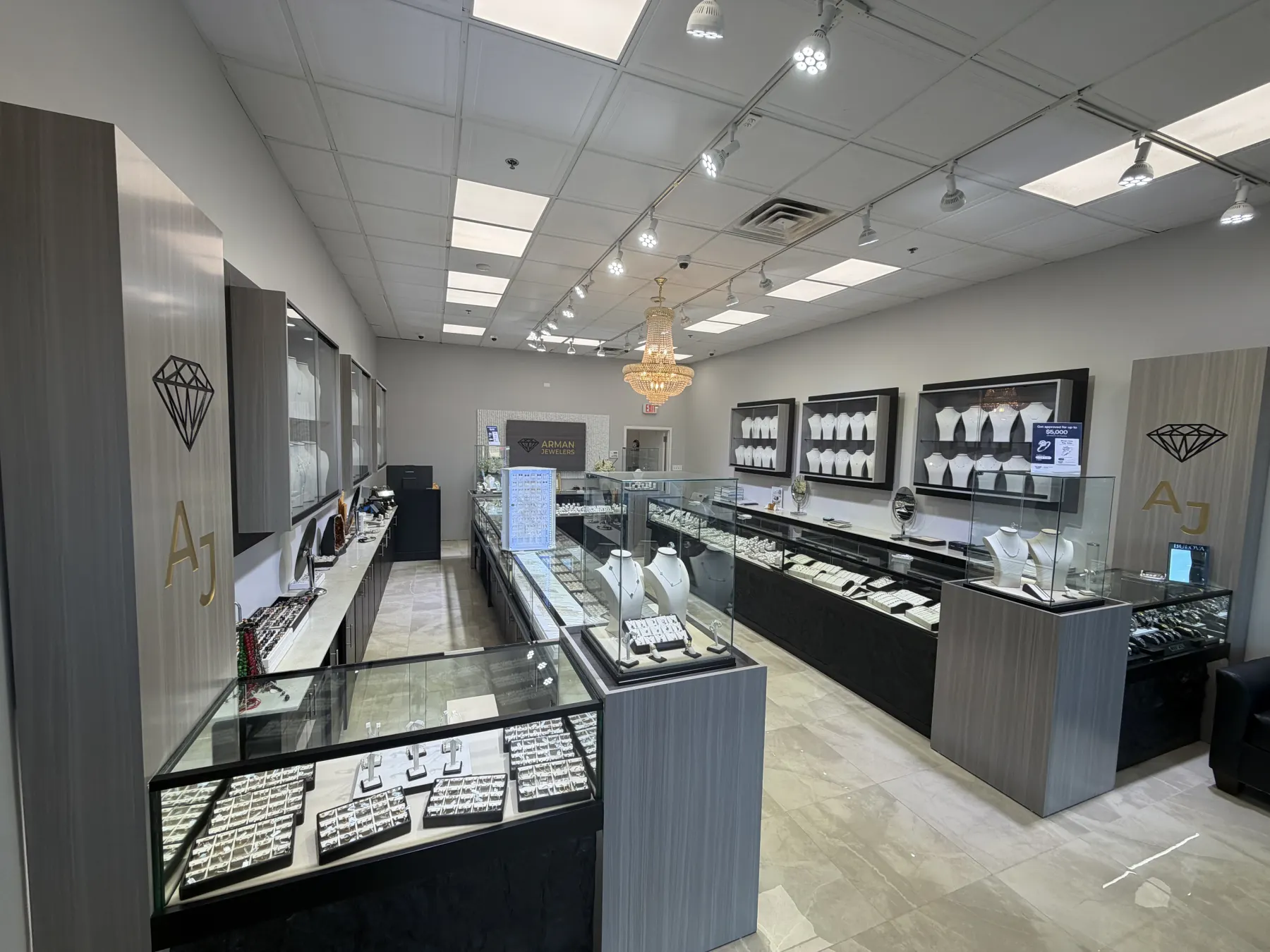 Display cases in the Arman Jewelers showroom